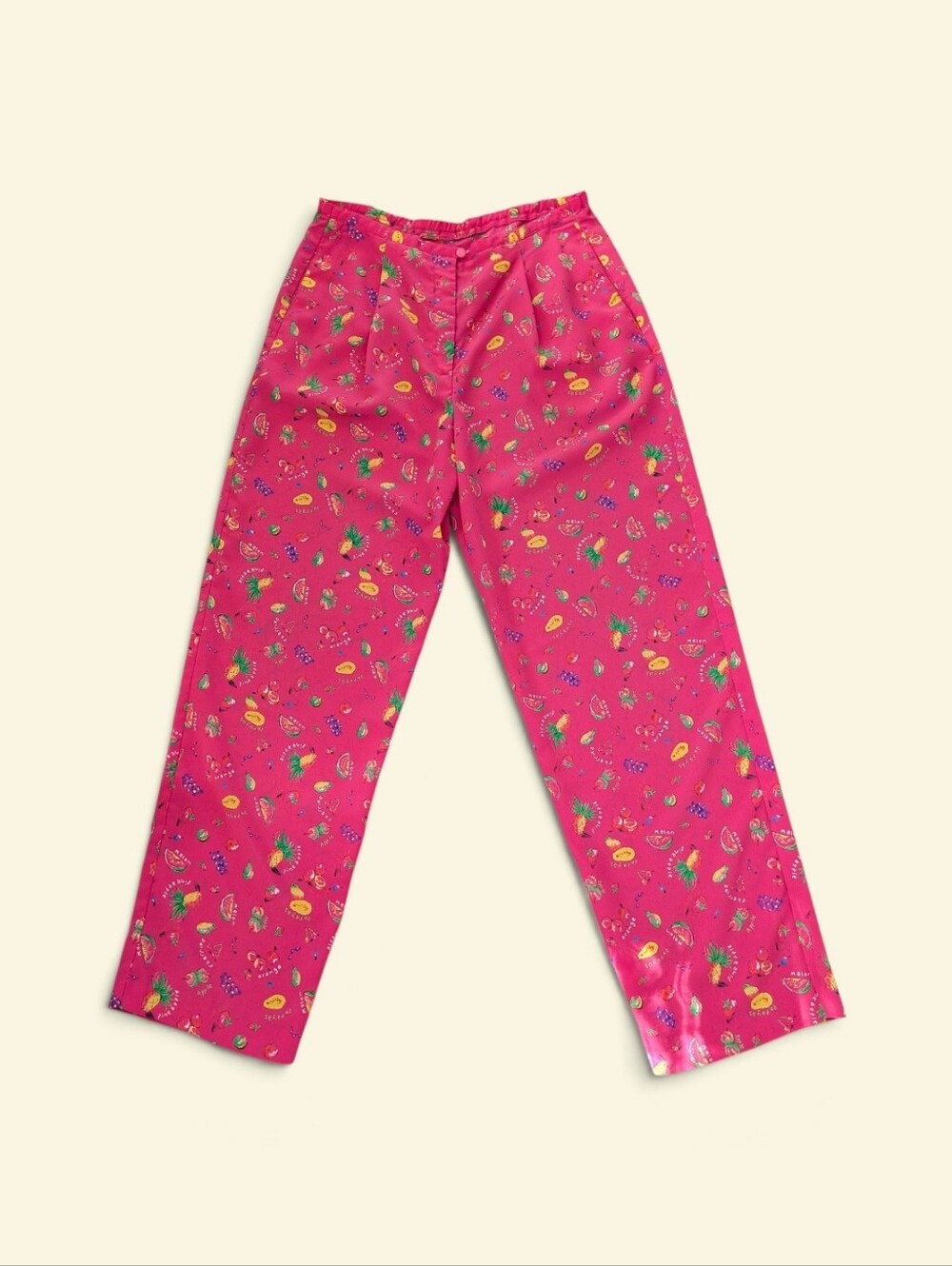 Vintage Pink Fruit Design Pants Colorful Statement Novelty Whimsical High Rise